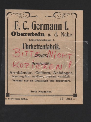 Oberstein nahe werbung 1909 - oberstein/nahe,,
