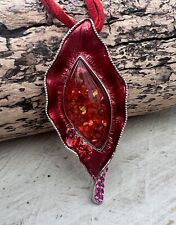 Halskette Modekette Kette mit Anhänger, grosses Blatt, Modestein + Strass, rot 