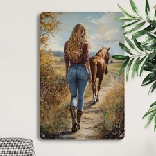Blechschild hübsches Girl mit Pferd Nostalgie Vintage Metallschild TE2534