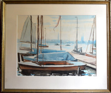 Gemälde Aquarell HAFEN HAMBURG Alster Segelboote 1954 signiert