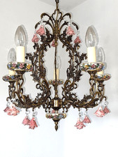 Italienischer 5flammiger Kronleuchter aus Keramik mit Blumen und Bronze, 1960er