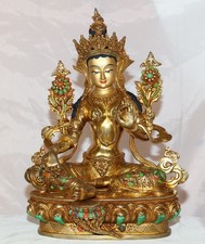 SEHR SCHÖNE GRÜN TARA BUDDHA 24K-FEUERVERGOLDET SCHMUCKSTEIN 35CM