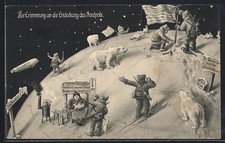 AK Expedition zum Nordpol, amerikanische Flagge im Pol, mit Eisbären und Zeppel 