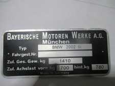 Typenschild BMW 2002tii 1410 kg Schild plate ID tag s85
