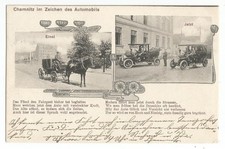 Chemnitz im Zeichen des Automobils, alte Ak von 1907, Auto, Kutsche, Verkehr