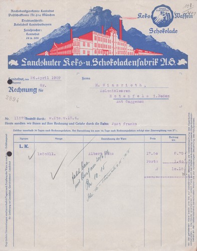 Rechnung landshuter keks und - rechnung,
