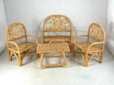 alte Miniatur-Puppen-Korbmöbel, 4 Teile Korbsessel / Stühle / Tisch, 70er Jahre