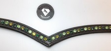 V Stirnriemen Leder Schwarz weich unterlegt Strass versch. grün Töne WB 42 cm