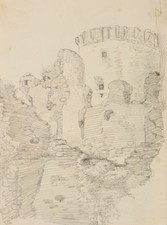 W. CAMPHAUSEN (*1818), Blick auf die Mauern einer Burgruine, Bleistift Romantik