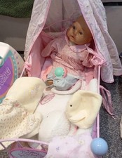 Vintage Baby Annabell Puppe mit Kinderbett Bett rosa Metall mit Bettwäsche 