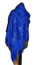 Schal Stola Pashmina Blau reine Wolle Rautenmuster -Steine Handarbeit-Indien