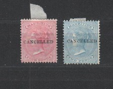 Mauritius , 2 Victoria Marken mit canceled Überdruck