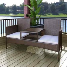 Bank mit Teetisch 2-Sitzer Poly Rattan Braun Gartenbank Gartenmöbel Set 152 cm
