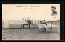 Flugzeug vor dem Start, Portrait von Pilot Bleriot, Ansichtskarte 