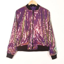 Damen Bomber Jacke Glänzend Glitzer Pailletten Langärmelig Reißverschluss Top