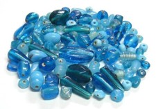 100g Glasperlen Mix Blau-Teal-Mix 7-27mm verschiedene Formen Lampwork Perlenmix