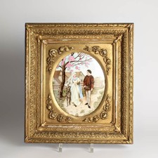 Porzellan Gemälde handgemalt vergoldete Rahmen 1889 Paar mit Hund