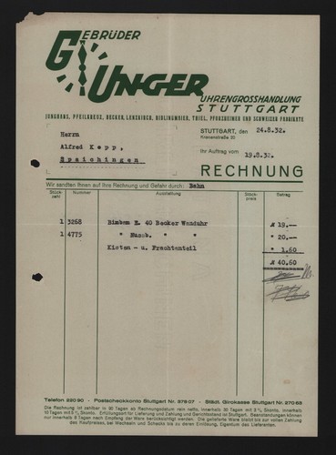 Stuttgart rechnung 1932 - rechnung,