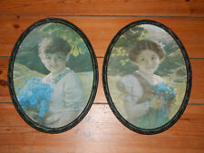 2 alte Bilderrahmen schwarz grün oval Holz Glas+ alte hübsche Kinder Drucke