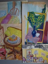 Zimmer Inneneinrichtungen Stillleben Vasen Obst 4 Zeichnungen Deckfarben 20. Jh.