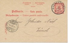 BAYERN "MUENCHEN 1.B.P." K1 10 Pf GA-Postkarte 1901 nach "ZÜRICH, Schweiz" AnkSt