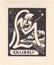 Exlibris Bookplate Holzschnitt Emil Orlik 1870-1932 Masken Buch Initialen