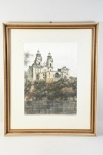 N91A63- Radierung handkoloriert Stift Melk Niederösterreich undeutlich signiert