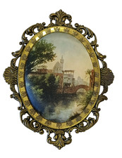 Vintage Rokoko Bild antike Stadt mit Messing Rahmen oval Made in Italy