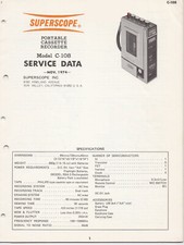 Original Service Manual Superscope Model C-108 Portable Cassette Recorder 1974