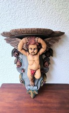 Antike Wandkonsole mit geschnitztem Putto / Cherub – Holz, handbemalt.