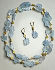 Set Kette Ohrringe Aquamarin Rohstein mit Perlen