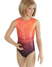 Turnanzug, Gymnastikanzug, Turnbody, RSG,  128, orange Glitzerstoff mit Strass