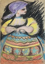 Charlotte Zurek 1910-1971 Kohle Kreide Das bunte Kleid Frau Lila Haar Expressiv
