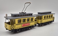 Hamo 1100+1110 Oldtimer-Straßenbahn mit Hänger, gelb mit schwarzen Linien