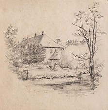 Gutshaus Bauernhaus am Weiher Unkat unsigniert Zeichnung Bleistift um 1900