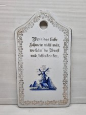 ANTIK großes Brettchen Spruchbrettchen  Porzellan Delfter Motiv Windmühle