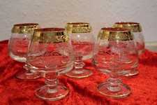 VINTAGE 5x MURANO MEDICI COGNAC-SCHWENKER GOLDRAND BREIT ÄTZ-DEKOR BLUMEN,TOP OK