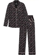 Pyjama-Set Gr. 40/42 Schwarz Bedruckt Damenpyjama Schlafanzug Hose Shirt Neu