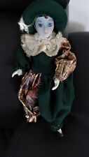 Harlekin Stoffpuppe Porzellangesicht,Hände u. Füße, grün,20cm,Vintage,Sammlerstü