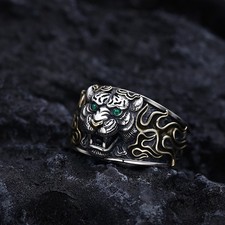 Herren Ring Löwe - Tigerkopf  Silber 925 mit Goldn, Größenverstellbar 59-69