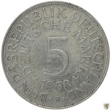 BRD, 5 DM, 1958 J, Silberadler, Jg. 387, sehr schön