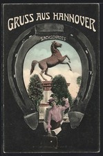 Passepartout-AK Hannover, Sachsenross im Hufeisen, Dame mit Reisetasche 