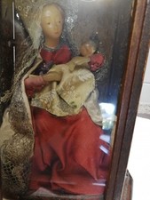 original Barock Klosterarbeit Wachs Madonna mit Kind bemalt Stoffmantel 1880 ca