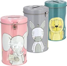 Kinderspardosen 3er-Set – Serie „3 Freunde“, Metall, mit Schloss & Zottieren