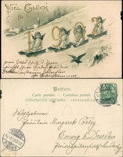 Künstlerkarte Neujahr Engel auf Schlitten mit Zahlen 1902 Goldrand