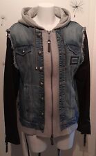 Philipp Plein Jeansjacke...mit Echtleder- Ärmel...Kapuze & Mickey Totenkopf...