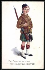 Künstler-AK I´m Scotch Ye Ken, Junge in schottischer Uniform mit Schottenrock u 
