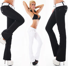 Damen Hüft Jeans Bootcut Hose Schlaghose Denim Stretch Zip schwarz weiß Gürtel