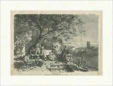 Herbstabend am Neckar Schütz Illner Familie Ruine Fluss Holzstich E 23773