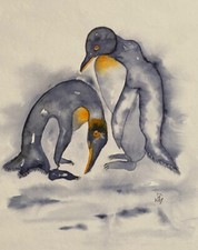 PINGUINE original Aquarell Bild Zeichnung mit Rahmen Tiere Pinguinpaar Pinguin